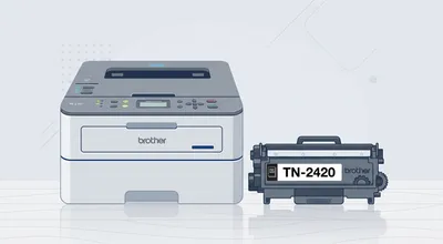 Illustration eines Brother TN-2420 Toners neben einem Brother Laserdrucker der HL-L-Serie