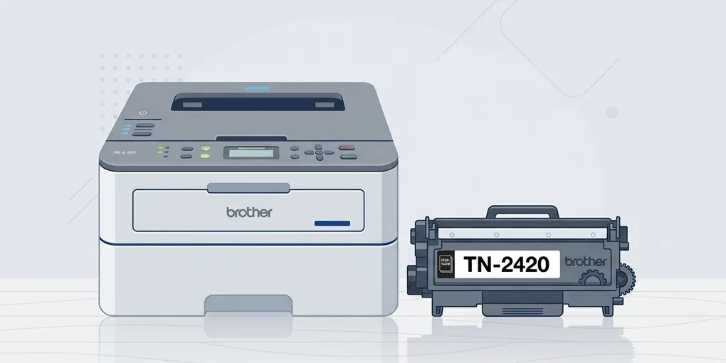 Illustration eines Brother TN-2420 Toners neben einem Brother Laserdrucker der HL-L-Serie
