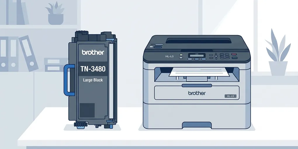 Illustration eines Brother TN-3480 Hochkapazitäts-Toners neben einem Brother HL-L5-Laserdrucker