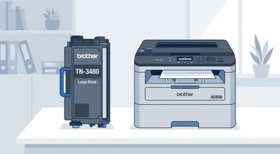 Illustration eines Brother TN-3480 Hochkapazitäts-Toners neben einem Brother HL-L5-Laserdrucker