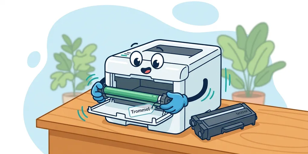 Cartoon-Laserdrucker mit geöffneter Frontklappe, aus dem eine grüne Bildtrommel entnommen wird – Illustration zum Schritt-für-Schritt-Trommeltausch bei Brother-Laserdruckern