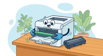 Cartoon-Laserdrucker mit geöffneter Frontklappe, aus dem eine grüne Bildtrommel entnommen wird – Illustration zum Schritt-für-Schritt-Trommeltausch bei Brother-Laserdruckern