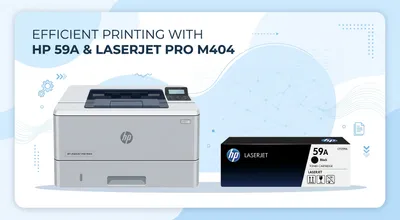 Illustration eines HP 59A Toners neben einem HP LaserJet Pro M404 Drucker