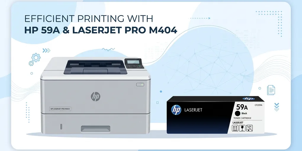 Illustration eines HP 59A Toners neben einem HP LaserJet Pro M404 Drucker