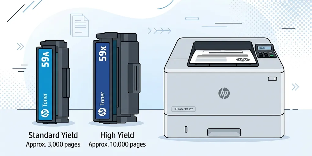 HP 59X und HP 59A Toner nebeneinander im direkten Vergleich vor einem HP LaserJet Pro Drucker