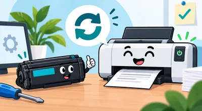 Illustration: lachender Laserdrucker und Tonerkartusche mit Reset-Symbol