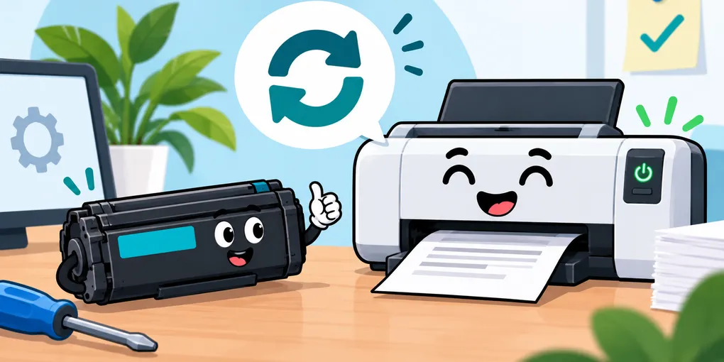 Illustration: lachender Laserdrucker und Tonerkartusche mit Reset-Symbol