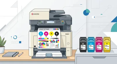 Illustration eines Kyocera ECOSYS Farblaserdruckers mit Farbmuster-Testausdruck und vier TK-5240 Tonerpatronen