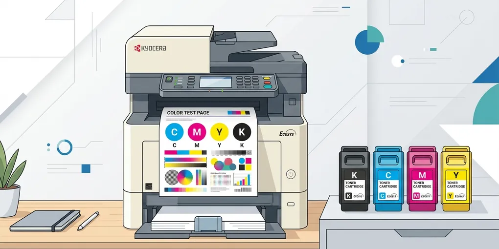 Illustration eines Kyocera ECOSYS Farblaserdruckers mit Farbmuster-Testausdruck und vier TK-5240 Tonerpatronen
