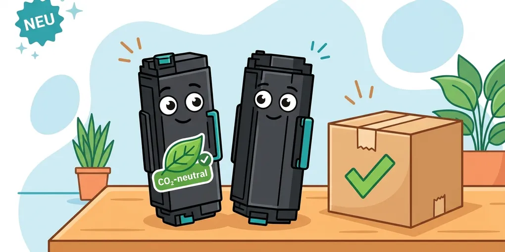 Zwei Kyocera TK-Toner-Kartuschen als freundliche Cartoon-Figuren, eine mit CO₂-neutral-Siegel, neben einem versandfertigem Karton – Produktvorstellung der neuen klimaneutralen Kyocera-Sortimentsreihe