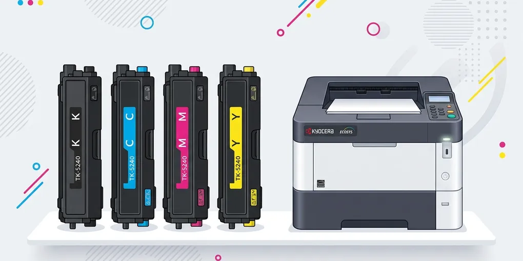 Vier Kyocera TK-5240 Tonerpatronen in den Farben Schwarz, Cyan, Magenta und Gelb vor einem Kyocera ECOSYS Drucker