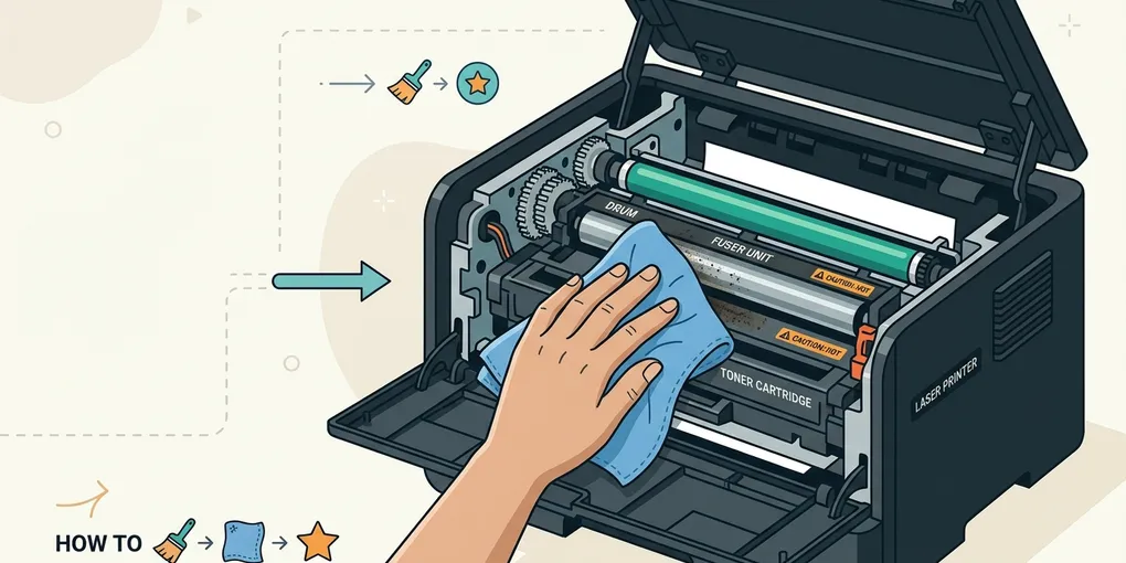 Illustration einer Hand die mit einem Reinigungstuch einen geöffneten Laserdrucker von innen säubert