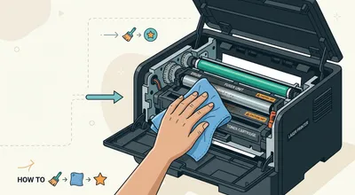 Illustration einer Hand die mit einem Reinigungstuch einen geöffneten Laserdrucker von innen säubert