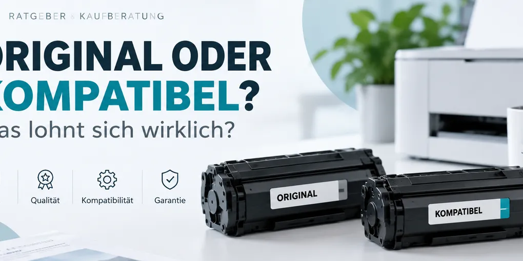 Zwei Tonerkartuschen nebeneinander, beschriftet mit 'Original' und 'Kompatibel', daneben Vergleichskriterien Preis, Qualität, Kompatibilität und Garantie