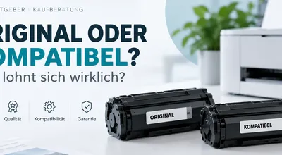 Zwei Tonerkartuschen nebeneinander, beschriftet mit 'Original' und 'Kompatibel', daneben Vergleichskriterien Preis, Qualität, Kompatibilität und Garantie
