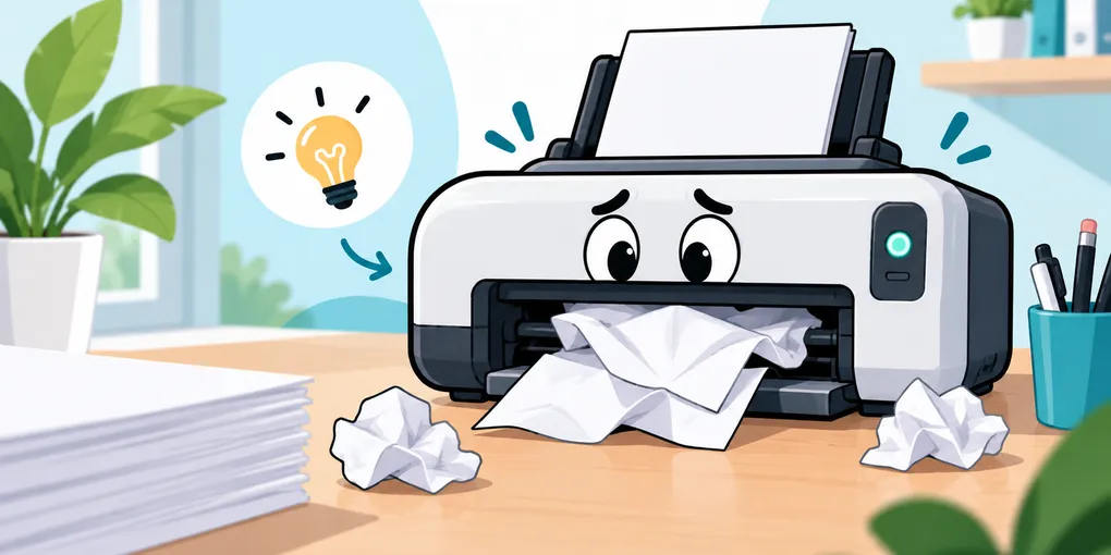 Illustration: Drucker mit ängstlichem Gesicht und gestauten, zerknitterten Papierblättern