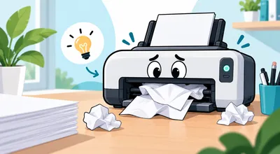 Illustration: Drucker mit ängstlichem Gesicht und gestauten, zerknitterten Papierblättern