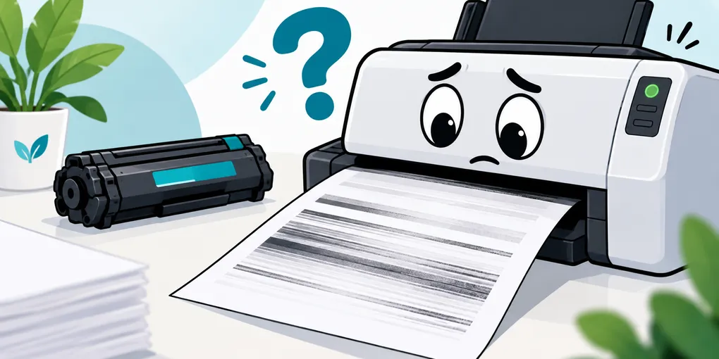 Illustration: besorgter Drucker gibt ein Blatt mit deutlichen horizontalen Streifen aus, daneben eine Tonerkartusche