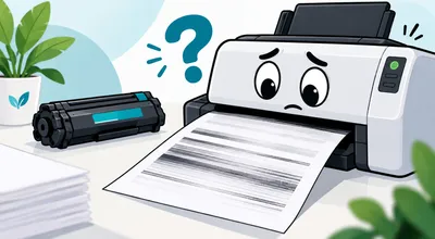Illustration: besorgter Drucker gibt ein Blatt mit deutlichen horizontalen Streifen aus, daneben eine Tonerkartusche
