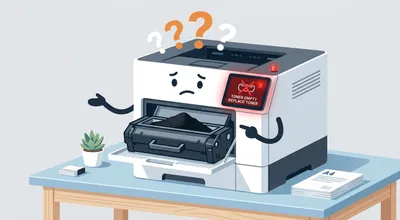Illustration eines Laserdruckers mit roter Tonerwarnung obwohl die Tonerkartusche sichtbar noch gefüllt ist