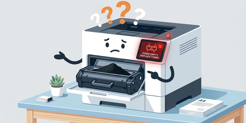 Illustration eines Laserdruckers mit roter Tonerwarnung obwohl die Tonerkartusche sichtbar noch gefüllt ist