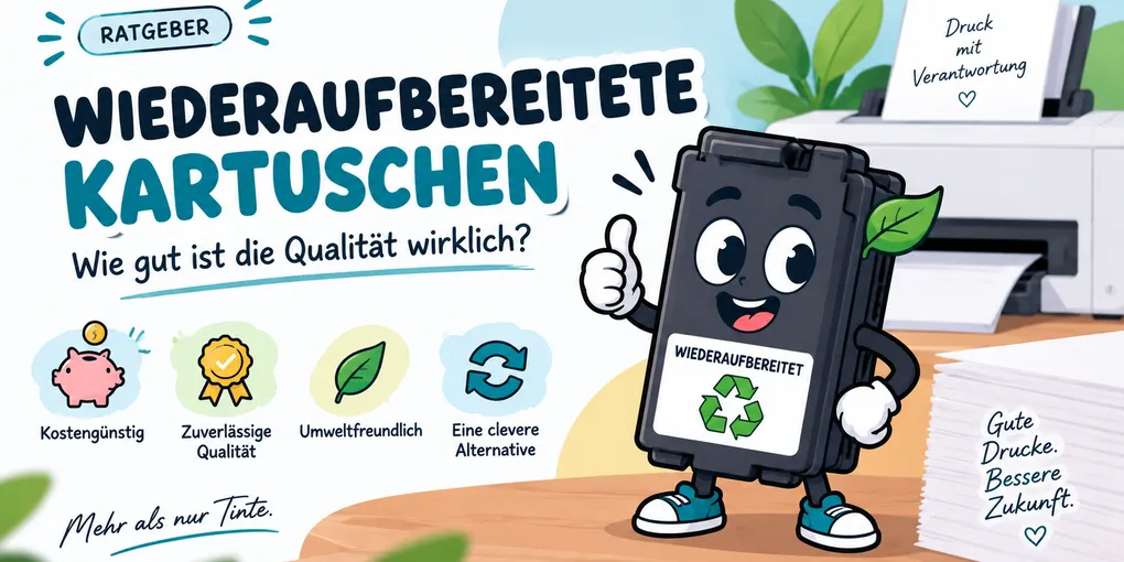 Infografik: Cartoon-Kartusche mit Recycling-Symbol und Vorteils-Labels Kostenguenstig, Zuverlaessige Qualitaet, Umweltfreundlich