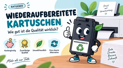 Infografik: Cartoon-Kartusche mit Recycling-Symbol und Vorteils-Labels Kostenguenstig, Zuverlaessige Qualitaet, Umweltfreundlich